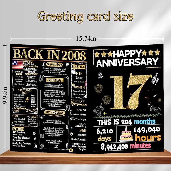 Joycard 17th Anniversary Card for Women Men, Gold Wedding Card for Wife Husband, Sweet Marriage Decorations Gifts for Couple, Perfect for Her Him on Anniversary Day, Back in 2008