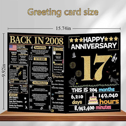 Joycard 17th Anniversary Card for Women Men, Gold Wedding Card for Wife Husband, Sweet Marriage Decorations Gifts for Couple, Perfect for Her Him on Anniversary Day, Back in 2008