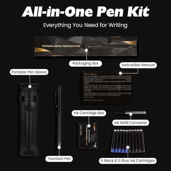 Fountain Pen with Extra Fine Nib - Modern Black Metal Design with Intricate Knurled Grip, Smooth and Skip-Free Writing, Includes Ink Cartridges, Converter, and Protective Sleeve