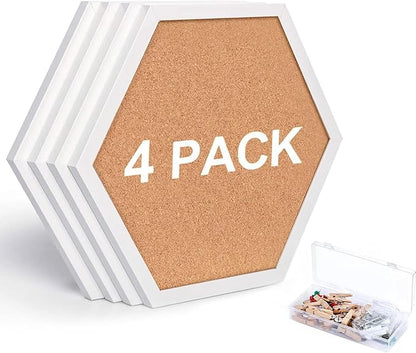 Cork Bulletin Board Hexagon White, Small Framed Corkboard Tiles for Wall, Thick Decorative Display Boards for Home Office Decor, School Message Board (4 Pack)