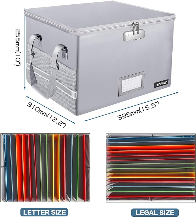 ENGPOW File Box with Lock,Fireproof Document Box with Pockets,Collapsible File Storage Organizer Filing Box with Handle,Portable Home Office File Cabinet Safe for Hanging Folders,2 Pack(Silver)