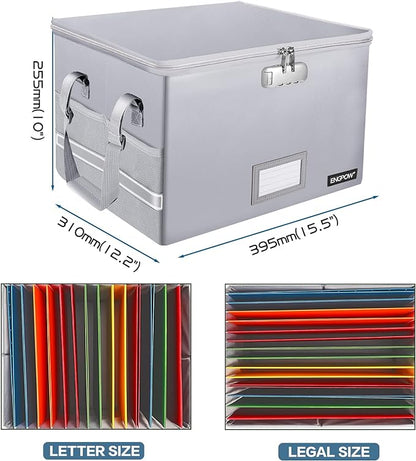 ENGPOW File Box with Lock,Fireproof Document Box with Pockets,Collapsible File Storage Organizer Filing Box with Handle,Portable Home Office File Cabinet Safe for Hanging Folders,2 Pack(Silver)
