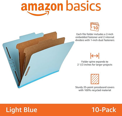 Amazon Basics Classification Folder, 100% Recycled, 2 Dividers, 2" Embedded, 12.17 x 10.39 inch (Letter), Light Blue, 10 Count per Box