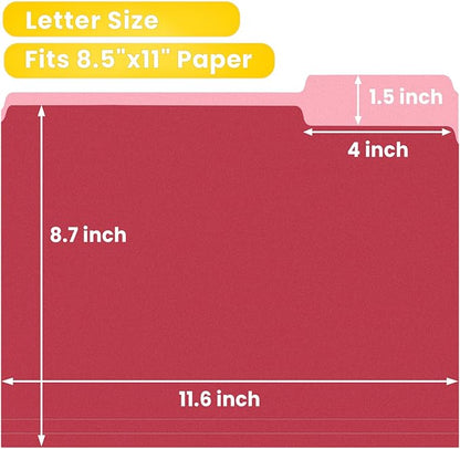 SUNEE File Folders Letter Size Red, 100 Pack Manilla Folders 8.5 x 11 1/3-Cut Tabs, Colored File Folders Office Home School for Documents Files Paper