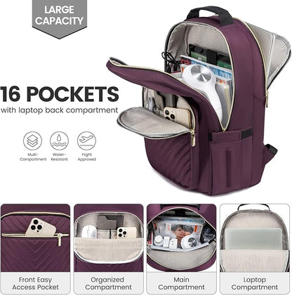 LOVEVOOK Laptop Backpack for Women 17.3 inch,Cute Womens Travel Backpack Purse,Professional Laptop Computer Bag,Waterproof Work Business College Teacher Bag Carry on Backpack with USB Port,Deep Purple