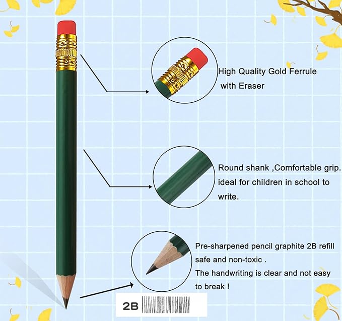 Adhere 50pcs Golf Pencils with Eraser Round Wooden half Pencils Graphite 2B for Golf Event Scoring, Classroom, Wedding, Pew, Pocket | Free Pencil Sharpener (Green)