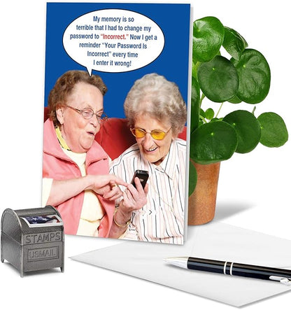 NobleWorks - Funny Happy Birthday Note Card with 5 x 7 Inch Envelope - Bday Greeting Card for Women, Mother, Sister, Friend - Congrats Bday Celebration Notecard - Incorrect Password 9912Z