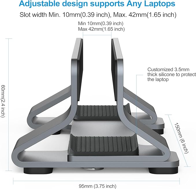 Aluminum Vertical Laptop Stand Dock Holder, Adjustable Slot Width 12-42mm, Space-Saving Upright Storage for MacBook and Laptops