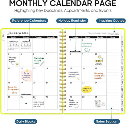 2026 Planner, Weekly and Monthly Calender Planner, Jan 2026 to Dec 2026, Hardcover 2026 Calendar Planner Book with Tabs & Inner Pocket, Office Home School Supplies for Women & Men - A5 (6.3" x 8.5"), Lemon Yellow