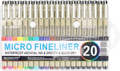 Muchcute Micro Fineliner Drawing Art Pens: 20 Set (12 Colors & 8 Black) Extra Fine Line Waterproof Ink Artist Supplies Archival Inking Ultra Thin Markers Sketch Sketching Watercolor Zentangle Stuff