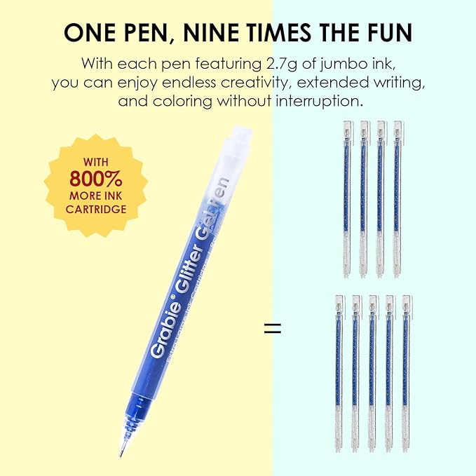 Grabie Jumbo Glitter Gel Ink Pen Set Of 18, Metallic Vibrant Sparkle Gel Pens for Coloring, Sparkle Glitter Markers, Glitter Pens for Adults (18 Colors Jumbo Glitter Gel Pens)