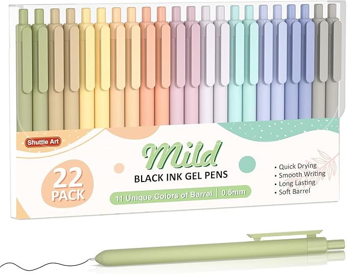 Shuttle Art Retractable Mild Gel Ink Pens, 22 Pack Black Ink Pens, Cute Pens 0.5mm Fine Point Soft Barrel for Writing Journaling Taking Notes School Office Home
