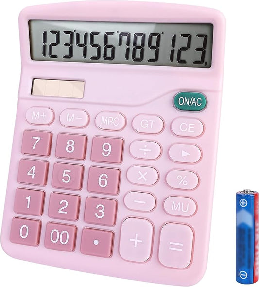 Basic Calculator with Comfortable Large LCD Display, 12 Digits Calculators Desktop, Tilt Screen, Big Button, Desk Calculator with Dual Power (Solar & Battery Included) (Pink)