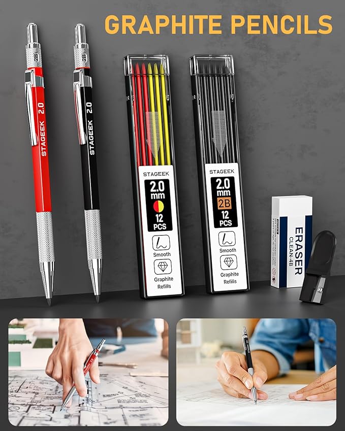 17 Pack Mechanical Carpenter Pencil Set with Sharpener 40 Refills, Automatic Center Punch, Carbide Scribe Tool, Eraser and Deep Hole Marker Pen, Heavy Duty Construction Pencil for Architect-With Pouch