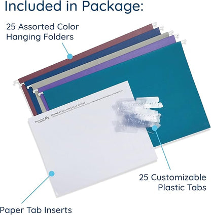 25 Blue Summit Supplies Colored Hanging File Folders Legal Size, Assorted Jewel Tone Colors, Legal Size Hanging File Folders with Plastic Tabs and Inserts, Durable 11pt Paper