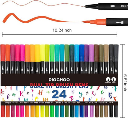 Dual Brush Marker Pens,24 Colored Markers,Fine Point and Brush Tip for Kids Adult Coloring Books Bullet Journals Planners,Note Taking Coloring Writing