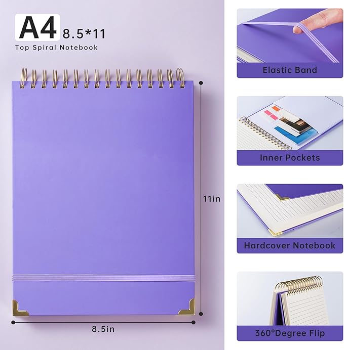 Top Spiral Notebook 8.5x11 in,Steno Notebooks Top Spiral 240 Pages, Inner Pocket College Ruled, Hardcover Steno Pads, Left-Handed,Spiral Notepads for Work, School, Office, Business