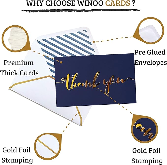 Winoo Design Heavy Duty Thank You Cards with Envelopes - 36 PK - Gold Thank You Notes 4x6 Inches - Baby Shower, Wedding, Small Business, Graduation, Funeral, Bridal Shower (Navy Blue)