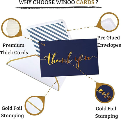 Winoo Design Heavy Duty Thank You Cards with Envelopes - 36 PK - Gold Thank You Notes 4x6 Inches - Baby Shower, Wedding, Small Business, Graduation, Funeral, Bridal Shower (Navy Blue)