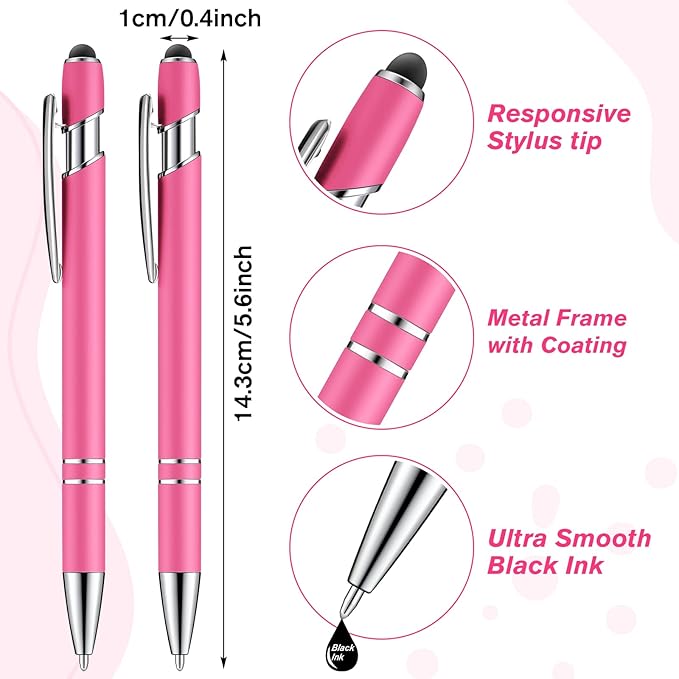 Zonon 38 Pieces Rubberized Ballpoint Pen with Stylus Tip Stylish Metal Pen Capactive Styli with Soft Rubberized Grip, Black Ink for Most Devices(Hot Pink)