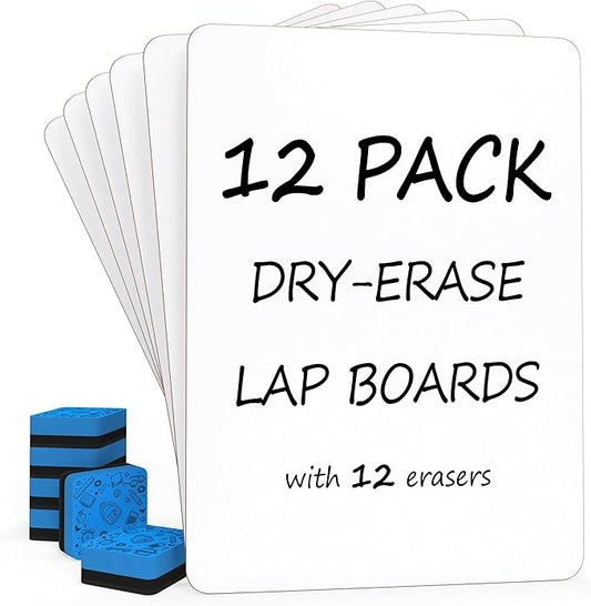 Set of 12 Small White Board Dry Erase Boards Classroom Pack Mini White Boards 9"x12” Double Sided Personal Whiteboards for Students Teachers School Supplies Lapboards l 12 Mini Whiteboard Erasers Incl