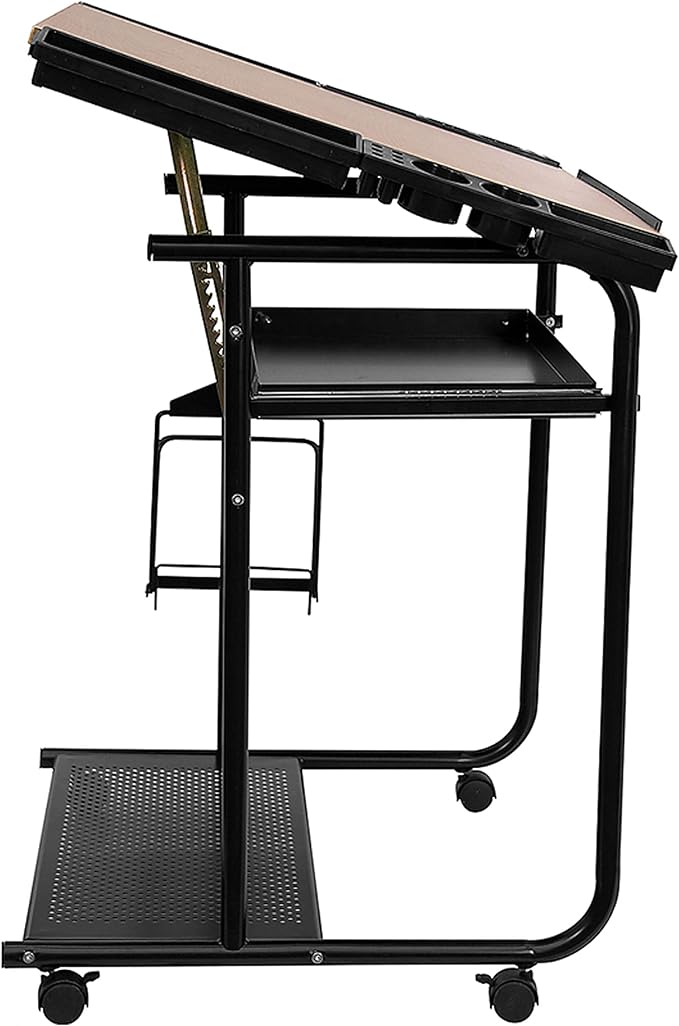 Flash Furniture Swanson Adjustable Drawing and Drafting Table with Black Frame and Dual Wheel Casters, Cherry