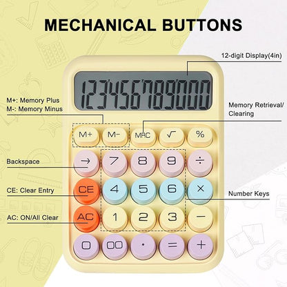Mechanical Switch Calculator with Big Buttons, Calculators Desktop, 12 Digits, Large LCD Display, Desk Calculator, Cute Pink Calculator for Teachers Students Basic Office (Yellow)