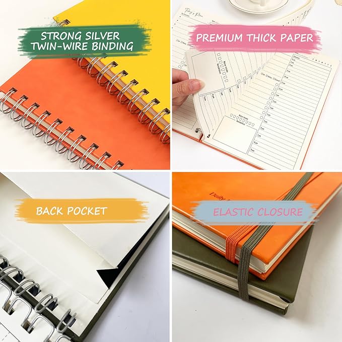 Undated Daily Planner,Undated Planner with Hourly Schedules, Daily Organizer Notebooks for work, Spiral Appointment Planner for Men and Wome, To Do List Notebook for Time Management, Elastic Closure, Pocket(Navy Blue)