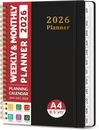 2026 Planner, Weekly and Monthly Calendar Planner, January 2026 - December 2026, Hardcover 2026 Calendar Planner Book with Tabs For Women & Men, Inner Pocket, Spiral Bound, Perfect for Office Home School Supplies - A4 (8.5" x 11"), Black
