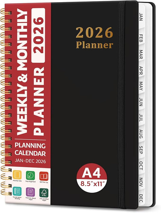 2026 Planner, Weekly and Monthly Calendar Planner, January 2026 - December 2026, Hardcover 2026 Calendar Planner Book with Tabs For Women & Men, Inner Pocket, Spiral Bound, Perfect for Office Home School Supplies - A4 (8.5" x 11"), Black