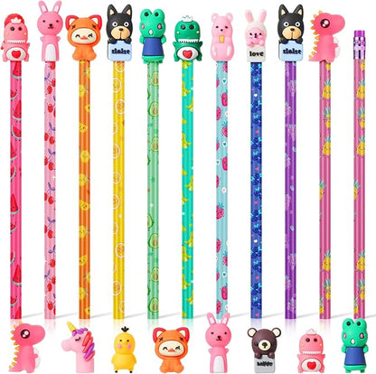 Ireer 60 Pcs Scented Pencils for Kids Animal Fruit Fun Smelly Pencils Bulk HB Graphite with 60 Pcs Cute Cartoon Toppers Gift for School Office Classroom Party Reward Supplies(Bright Style)