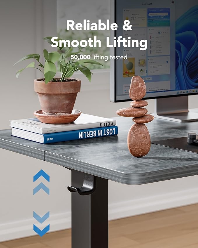 HUANUO 63" x 28" Electric Standing Desk Adjustable Height, 4 Memory Height Settings, Headphone Hook, Cable Manager, Sit Stand Up Desk for Home Office & Computer Workstation, Grey