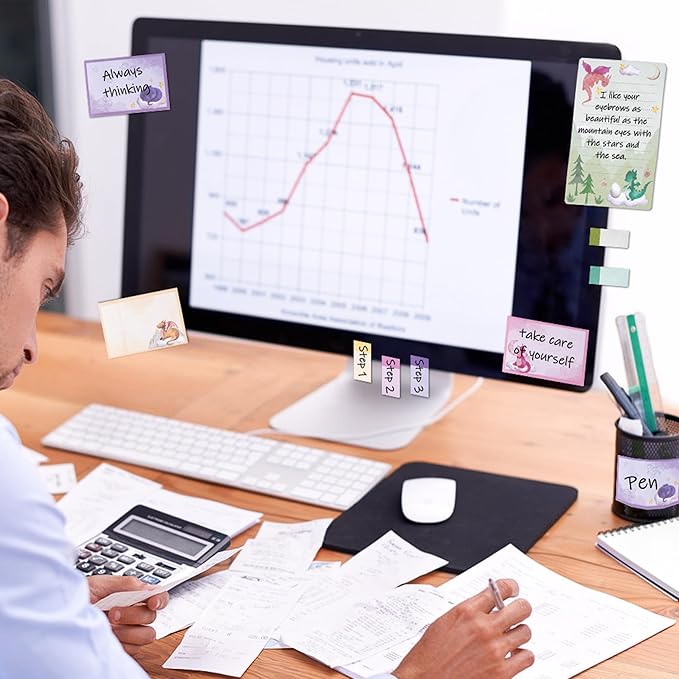 B1ykin Sticky Notes Set - Cartoon Theme Cute Self-Stick Notes Pad Teacher Appreciation Gifts， Self-Adhesive Writing Memo Pages Sticky to Do Notepad for Kids Employee School Office (Watercolor Dragon)