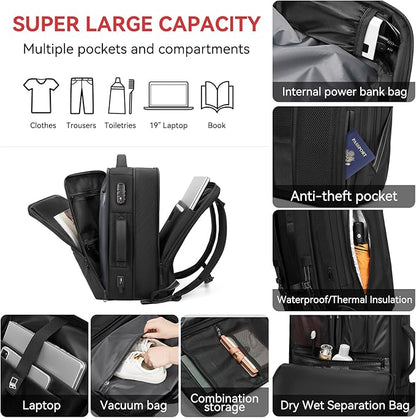 Fiordpack, 70L Vacuum Backpack Travel with Pump, Charging Port, Inflatable Pillow, Sleep Mask&Earplugs, Expandable Vacuum Seal Compression Travel Backpack for 19" Laptop, Airline Approved