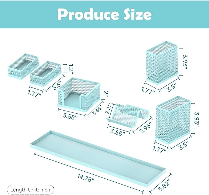 SUPEASY Pen Holder for Desk, 6 Piece Mesh Desk Organizer set, Desk Accessories for Office Organization with Mail Organizer, Letter Phone Holder, Sticky Notes Caddy Storage, Blue