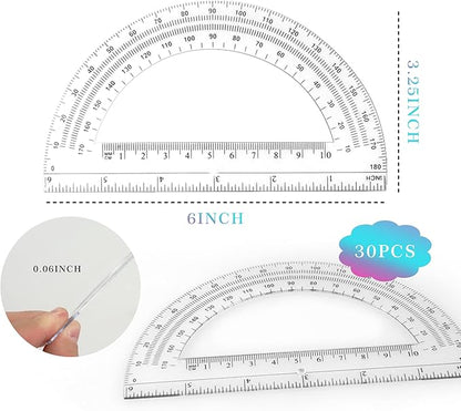 30PCS Clear Plastic Student Math Protractor 6-Inch Long 180 Degree for Angle Measurement