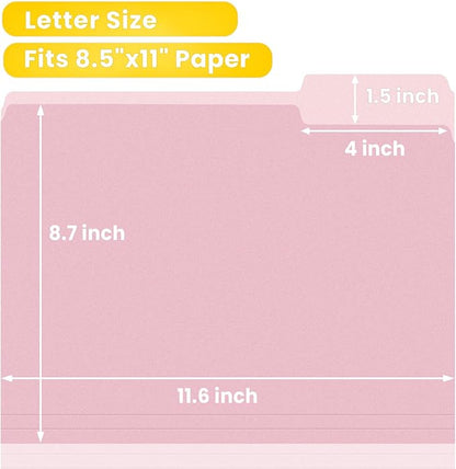 SUNEE File Folders Letter Size Pink, 100 Pack Manilla Folders 8.5 x 11 1/3-Cut Tabs, Colored File Folders Office Home School for Documents Files Paper