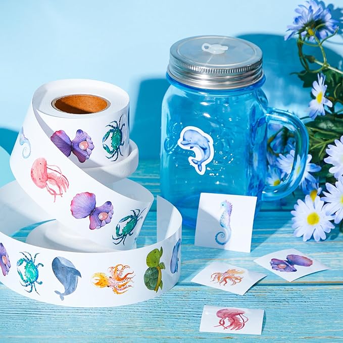 1 Roll Animal Stickers Reward Cute Space Stickers Office Supplies Incentives Sticker Animal Party Favor Decal, 500 Pcs Each Roll(Aquatic Creatures)