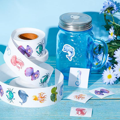 1 Roll Animal Stickers Reward Cute Space Stickers Office Supplies Incentives Sticker Animal Party Favor Decal, 500 Pcs Each Roll(Aquatic Creatures)