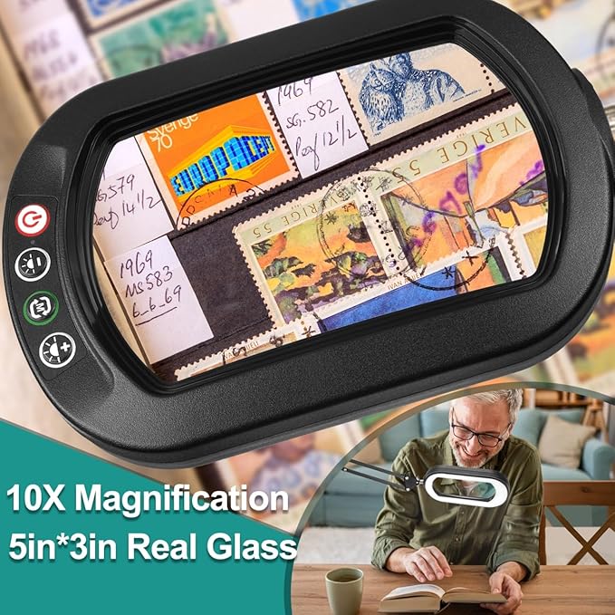 10X Rectangle Magnifying Glass with Light, 5 Color Modes Stepless Dimmable Magnifier with Stand, LED Lighted Clamp Desk Lamp with Swing Arm, Hands Free for Reading Painting Crafts Close Work
