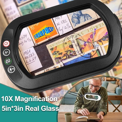 10X Rectangle Magnifying Glass with Light, 5 Color Modes Stepless Dimmable Magnifier with Stand, LED Lighted Clamp Desk Lamp with Swing Arm, Hands Free for Reading Painting Crafts Close Work