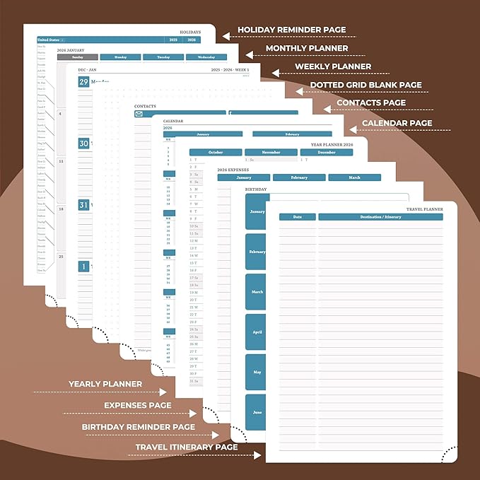 Weekly Monthly 2026 Planner (Jan.26-Dec.26),11.5"x8.5",12 Months Agenda Plan with Month Tabs & Pocket,Expenses/Note Pages, Appointment Book Calendar with Hardcover Vegan Leather Cover,Brown