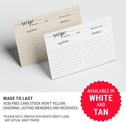 321Done Recipe Cards, Made in USA - 4x6 Tan, Simple Script, Double-Sided Thick Cardstock, Cute Vintage Rustic Kraft Look for Bridal Shower Wedding Housewarming Gift - Pack of 50