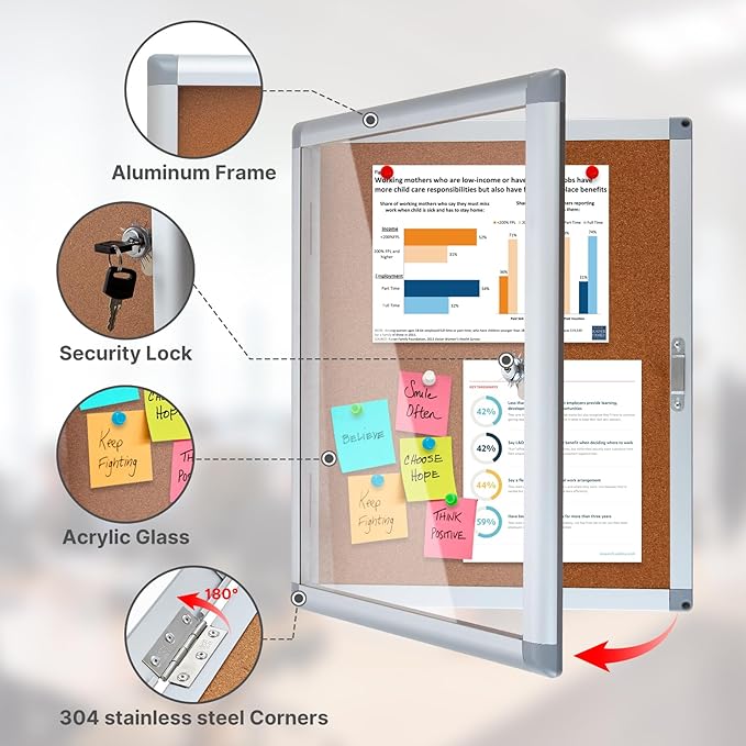 Outdoor Enclosed Cork Bulletin Board Tamper-Proof Dispaly Case, Aluminium Frame, Weatherproof Cork Noticeboard, Enclosed Cork Board for School, Office, Restaurant, Hospital etc（20 * 16inches）