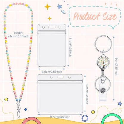 BESARME Teacher Lanyard with ID Holder Colorful Cute Wooden Beaded Lanyards for ID Badge Holders Retractable Badge Reel Keys Eyeglass Chains for Women