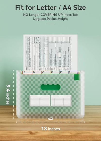 ABC life 26 Pockets Accordian File Folder Organizer Letter Size Expanding File Folder, A4 Portable Document Paper School Organizer, Expandable Multicolor Accordion Filing Folders with Labels(Green)