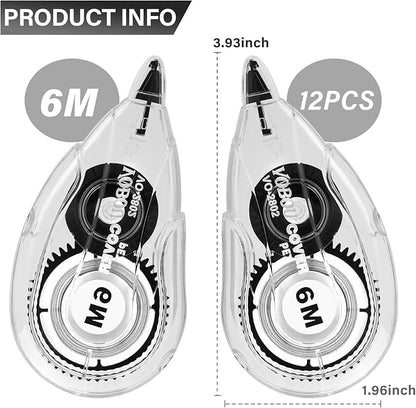 White Correction Tape, Easy To Use Applicator for Instant Corrections Wrong Writing At Any Time, For school, Office (12pack, 6M/256" x 0.2")