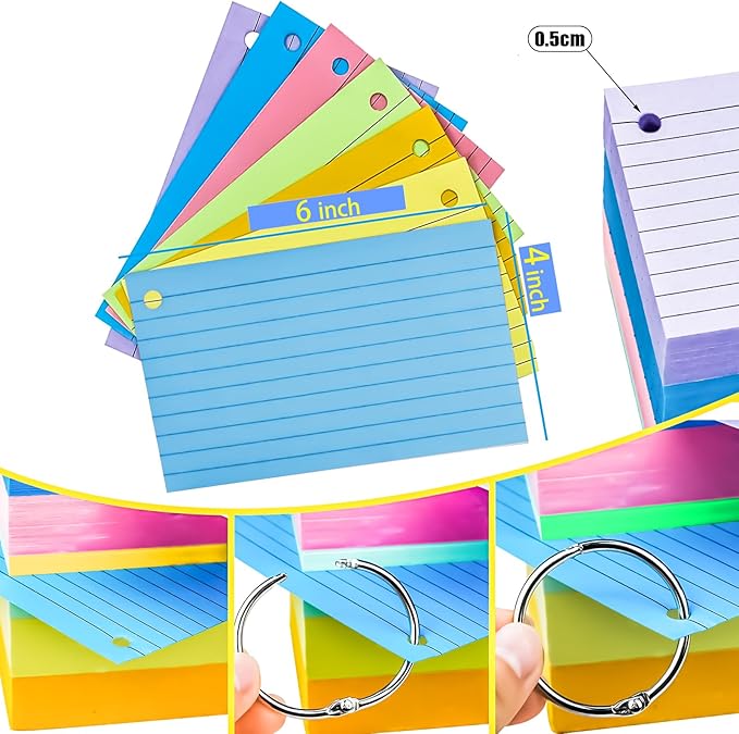 MotBach 180 PCS Index Cards Flash Cards with Binder Rings,4" x 6", Colored Ruled Memo Notecards Study Cards Scratch Pad Lined Studying Record To Do List for Home School Office Supplies