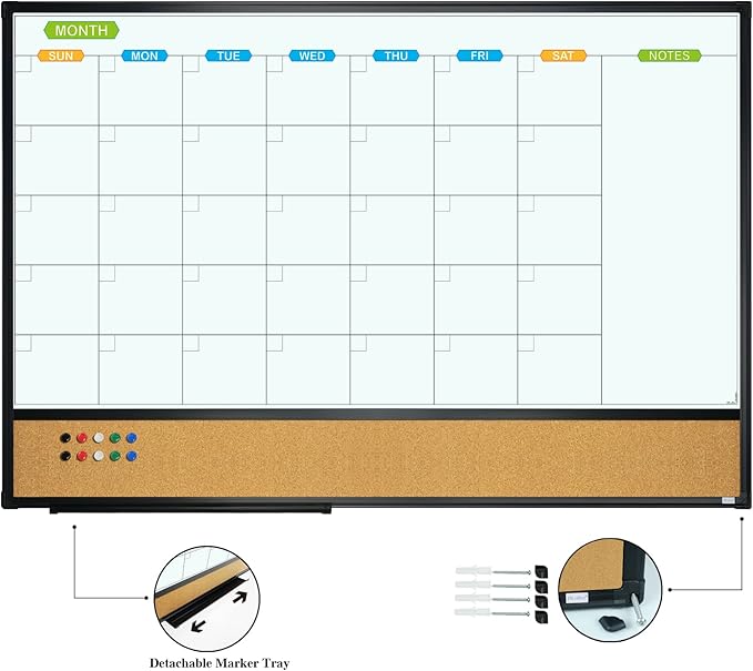 JILoffice Magnetic Calendar Whiteboard & Bulletin Corkboard Combination, Combo Board 36 x 24 Inch, Black Aluminum Frame Wall Mounted Board for Office Home and School with 10 Push Pins