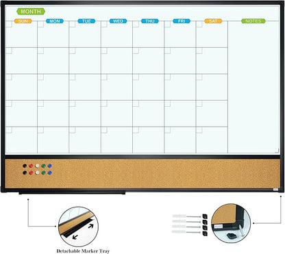 JILoffice Magnetic Calendar Whiteboard & Bulletin Corkboard Combination, Combo Board 36 x 24 Inch, Black Aluminum Frame Wall Mounted Board for Office Home and School with 10 Push Pins